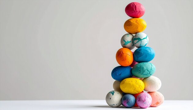 Colorful stack of decorated Easter eggs creating a vibrant centerpiece for a spring celebration indoors - Powered by Adobe