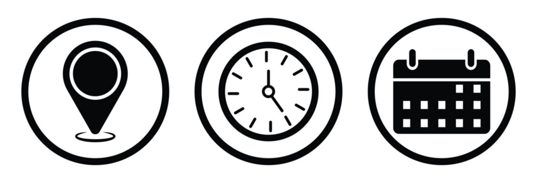 Time, Date, Address Icons Set — Stopwatch, Calendar and Location Vector illustration.