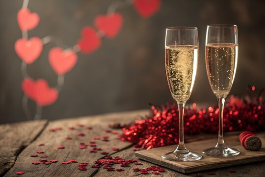 Two champagne flutes filled with bubbly champagne sit on a rustic wooden table adorned with red heart decorations and confetti evoking a romantic valentine s day celebration
