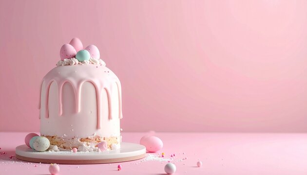 Decorative cake adorned with colorful candy eggs on a pink background for a festive celebration