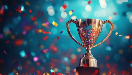 A shiny trophy is surrounded by colorful confetti, symbolizing achievement and celebration in a festive atmosphere.