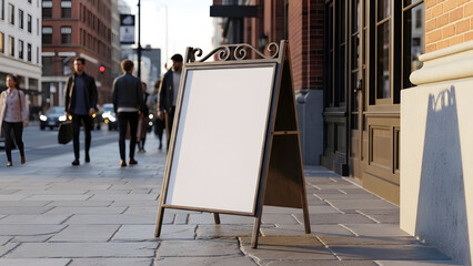 Blank sandwich board sign on city sidewalk