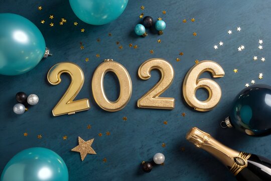 Golden 2026 numbers float above a dark textured surface surrounded by teal balloons champagne bottle confetti and small dark decorative spheres celebrating the upcoming new year - Powered by Adobe