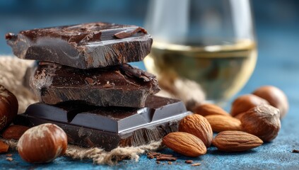 Dark chocolate pieces stacked on a textured surface with almonds and a glass of white wine, creating an inviting and indulgent culinary experience