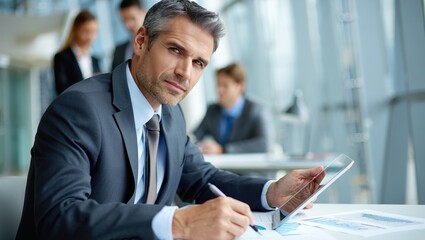 Confident investment manager reviews documents in a bright modern office