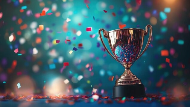 A shiny trophy stands amidst colorful confetti, celebrating achievement and success in a festive atmosphere.