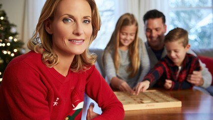 Joyful mother plays a festive board game with her kids by the Christmas tree.