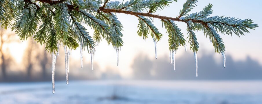 Winter landscape with pine tree branch and icicles against a frosty background