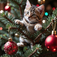 Tabby kitten climbing a Christmas tree branch, ornaments falling, colorful lights twinkling behind,A mischievous kitten turns the Christmas tree into its personal playground.