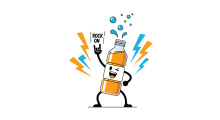 A happy cartoon beverage bottle with an energetic expression makes a 'rock on' hand gesture, surrounded by lightning bolts and refreshing splashes.