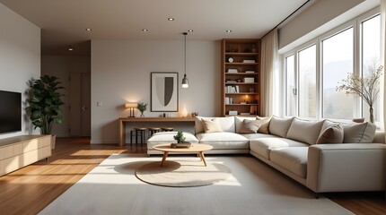 Fototapeta premium Theme Interior, Scandinavian living room with workspace integration