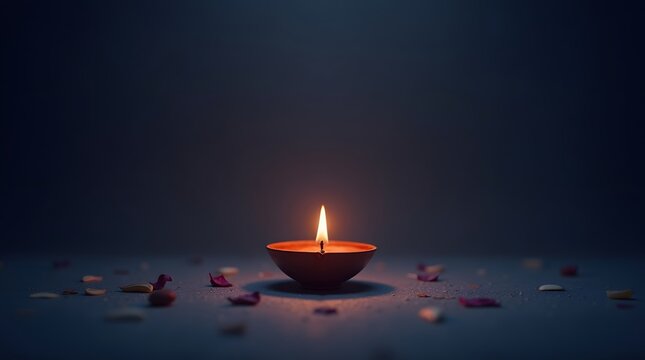 candle glow casting soft light with rose petals for diwali or deepavali celebration
