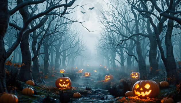 halloween background with pumpkin with dried trees in the forest