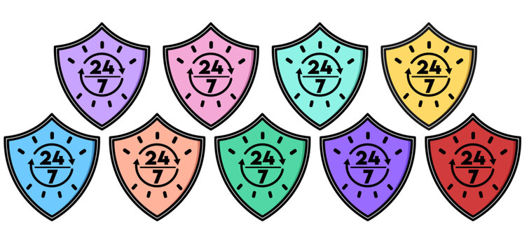 24/7 Support Shield Icons Set in Multicolor Variations.