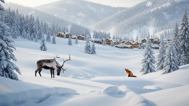 Magical Christmas winter scene with a majestic reindeer and a red fox in a snowy mountain valley. A cozy alpine village in the background with gently falling snow. Looping animation.