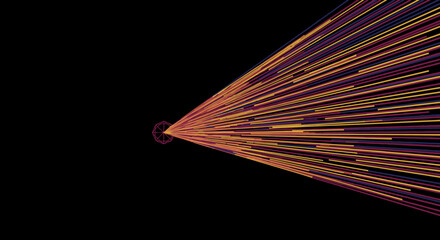 A vibrant burst of colorful, abstract lines radiates from a central point on a dark background, symbolizing data flow and digital energy.
