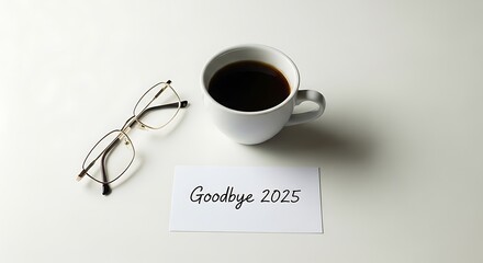 A cup of coffee with glasses and goodbye year card near