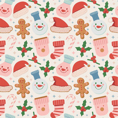 Cute Christmas Seamless Pattern with Snowman, Gingerbread, Santa Hat & Holiday Elements – Festive Winter Vector Background