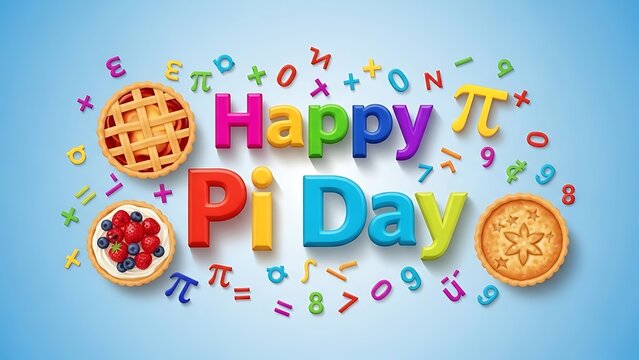 Colorful happy pi day text with mathematical symbols and delicious pies on blue - Powered by Adobe