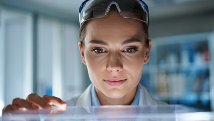 Research scientist examines a high-tech lab display with concentration.
