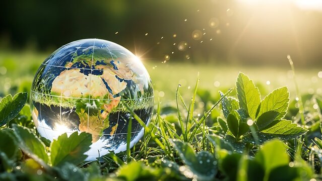 Glass globe earth resting on fresh green grass with morning dew and sunlight