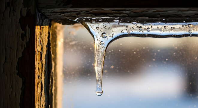Close-up of an Icicle Hanging from a Window in Winter During Freezing Temperatures