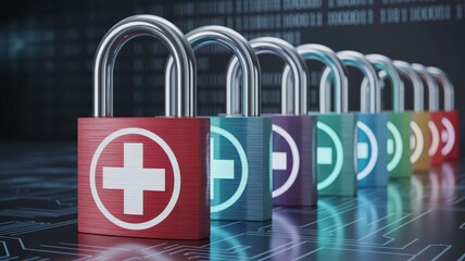 Obraz premium Row of multicolored padlocks featuring medical symbols sits on a digital surface with background code.