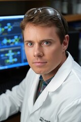 Obraz premium Male research chemist analyzes data on monitors in a modern lab environment.