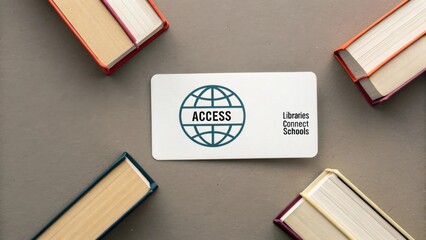 Flat lay of interlocking book spines framing a globe icon for access