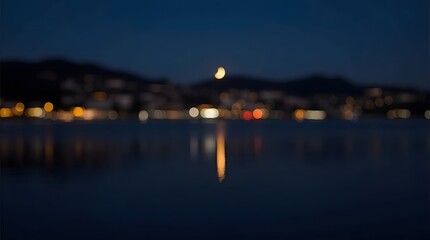 Obraz premium Ramadan and Islamic Festive Theme, Crescent moon reflected on calm water with bokeh lights