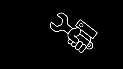 Hand holding a white line art wrench icon on a black background tool spanner