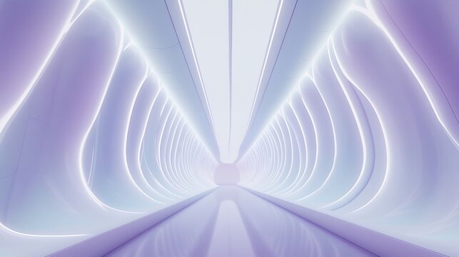 Futuristic Abstract Tunnel Minimalist Architecture Interior Background Visualization. Clean Lavender Violet Light Design 3D Render Dynamic Motion 4K.
