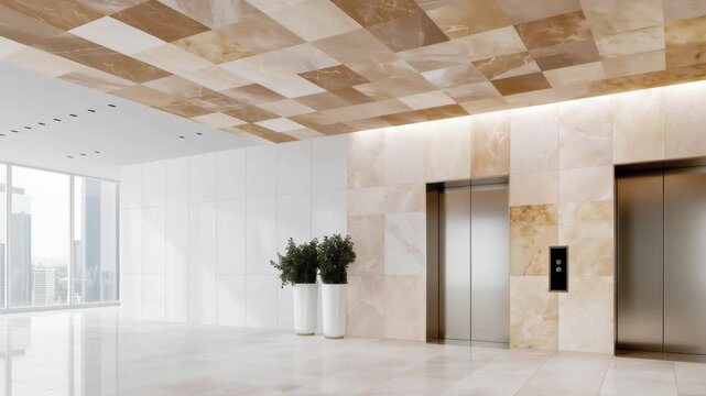 A modern lobby with marble walls wooden suspended ceiling and an elevator bank decorated with plants.