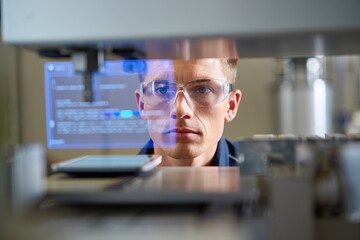 Manufacturing automation technician analyzes holographic interface on control panel.