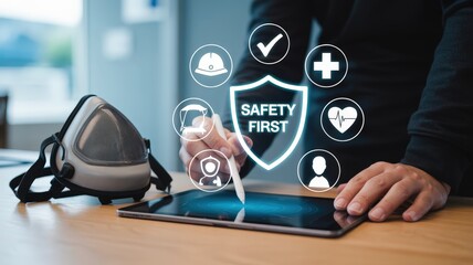 Professional worker interacts with digital interface displaying safety protocols and protection icons near respiratory equipment