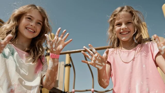 Two girls display hands covered with paint participating in a creative tactile play and laughing.