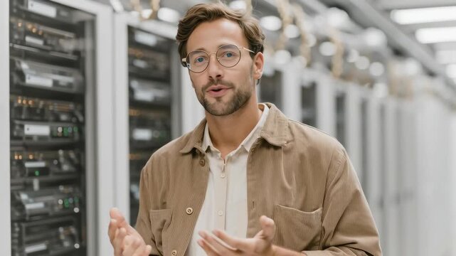 Man in a server room among server racks discusses a technical issue and explains with hand gestures.