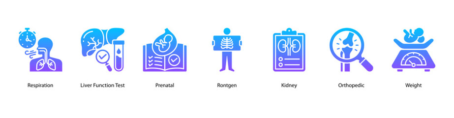 Clinical Health Monitoring web banner icon vector illustration featuring Respiration, Liver Function Test, Prenatal, Rontgen, Kidney, Orthopedic, and Weight for comprehensive body system checks.