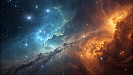 Obraz premium Vast Cosmic Nebula With Blue And Orange Gas Clouds And Bright Stars Across Deep Space