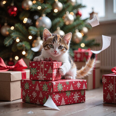 Cream kitten chasing a red Christmas ribbon, confetti and wrapping paper on floor, soft clean lighting,A festive play scene full of energy and Christmas cheer.
