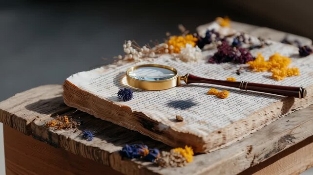 Close up of a magnifying glass and an old book with a gold ring and decorative flowers beside it.