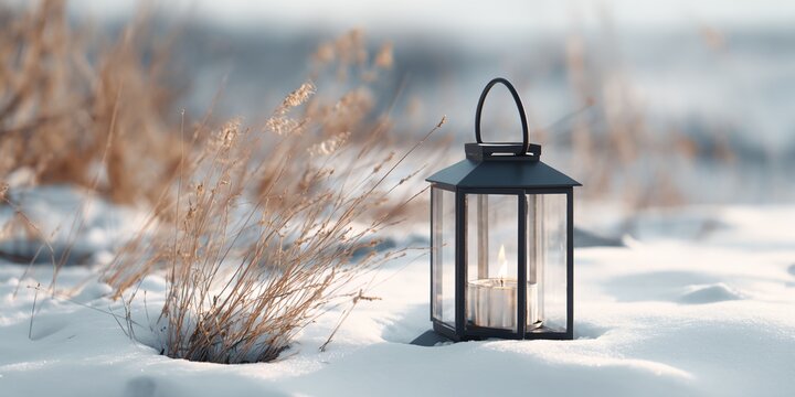 Candle lit lantern is sitting in the snow