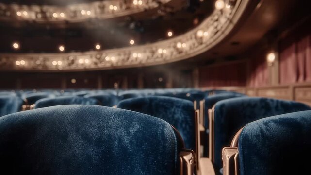 Empty theater auditorium with rows of velvet seats and soft stage lighting.