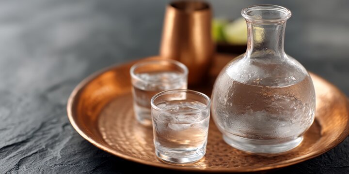 Tray with three glasses of water and a pitcher
