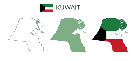 Kuwait geographical borders isolated on white background. Flag of Kuwait. Vector flat cliparts.