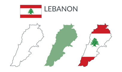 Lebanon geographical borders isolated on white background. Flag of Lebanon. Vector flat cliparts.