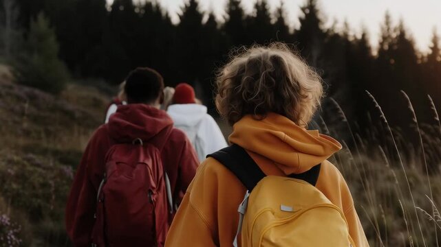 A group walks along a forest trail at sunset with a person in front carrying a bright yellow backpack.