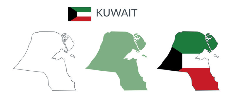 Kuwait geographical borders isolated on white background. Flag of Kuwait. Vector flat cliparts.