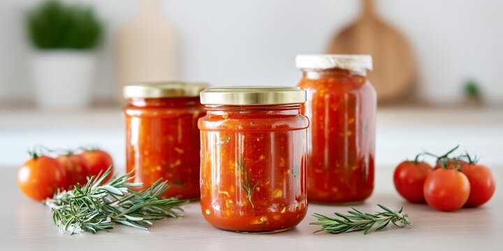 Three jars of tomato sauce are on a table - Powered by Adobe