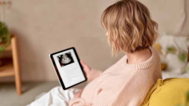 A pregnant woman is relaxing on the couch and reading from a tablet in a cozy pastel atmosphere, a quiet home moment.